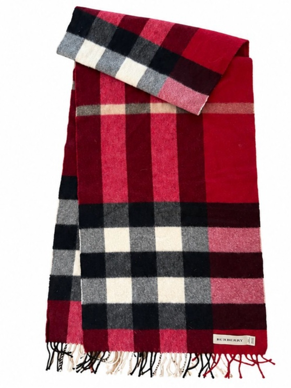 Burberry Red and Black Plaid Wool Scarf with Fringe